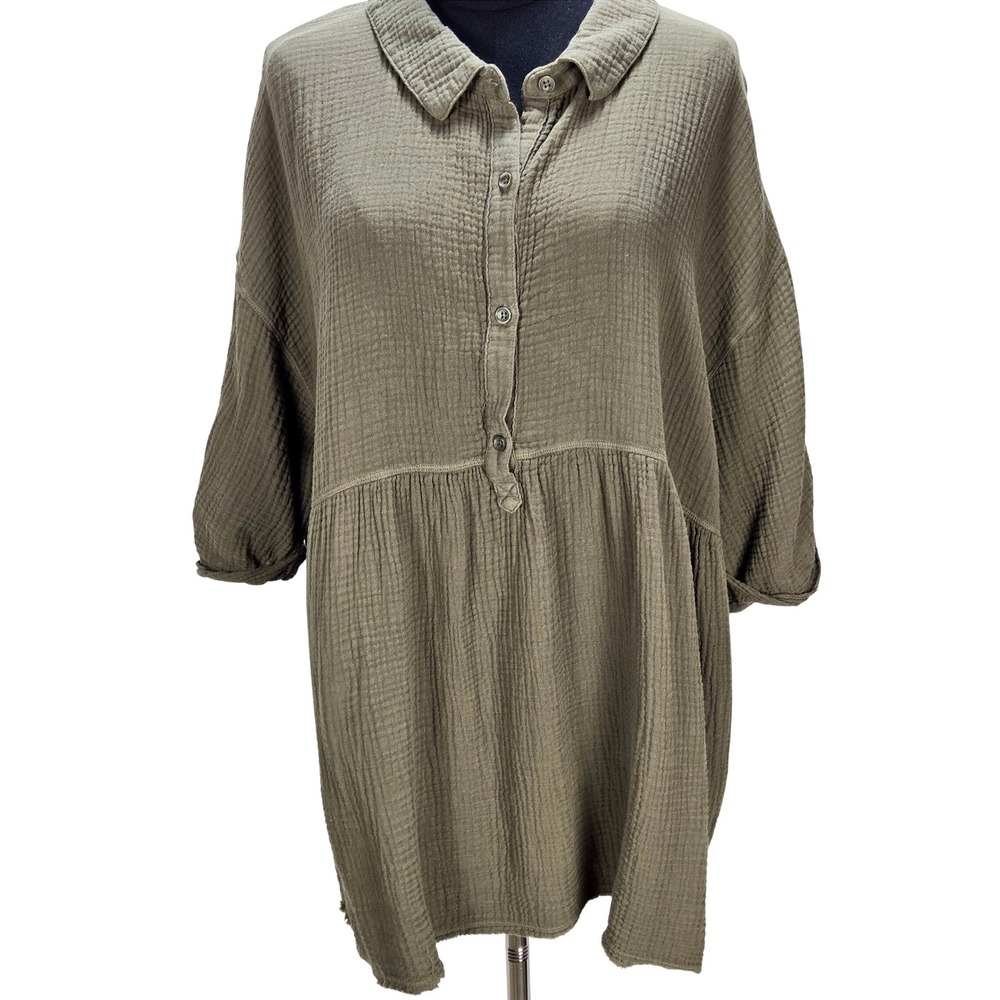 Women's‎ Mododoc XL Olive Green Cotton Gauze Babydoll Midi Dress Minimalist